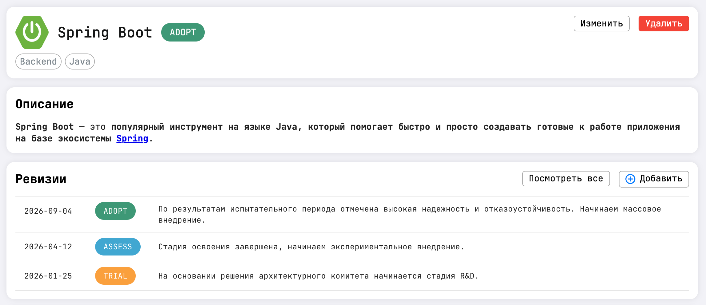 Карточка технологии Spring Boot в Ginc Radar с историей нескольких ревизий.